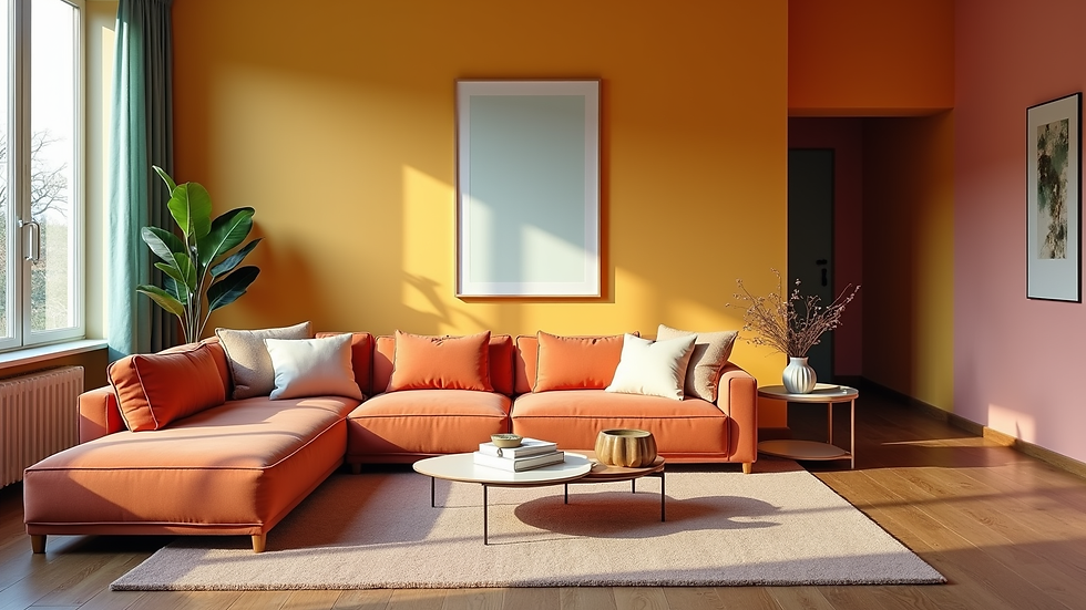 Eye-level view of a beautifully painted living room with vibrant colors