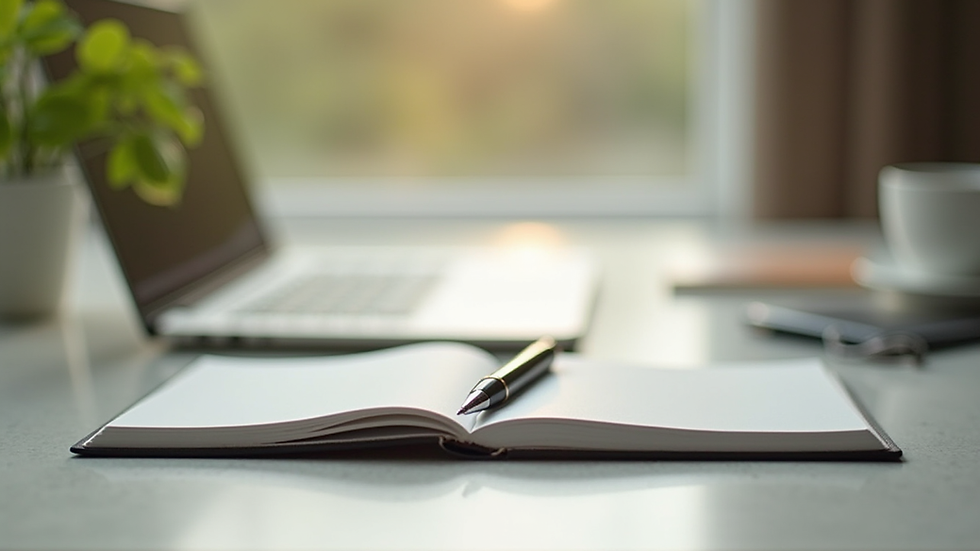 Close-up view of a notebook and pen on a table with soft natural light