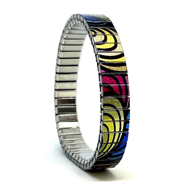 10mm stainless steel stretch bracelet featuring the Checkers Kites deep psychedelica artwork in a metallic finish. Clasp-free, waterproof, scratch-resistant and nickel-free. Handmade in London and supplied in a gift box. by Urband London