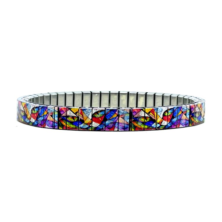 6mm stainless steel stretch bracelet featuring the Art cat face cubism style artwork in a metallic finish. Clasp-free, waterproof, scratch-resistant and nickel-free. Handmade in London and supplied in a gift box. by Urband London