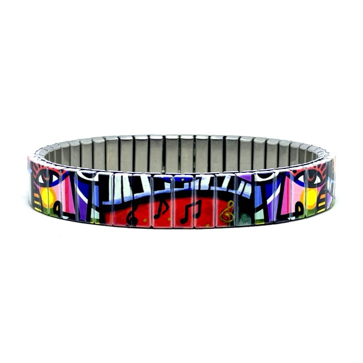 A versatile 10mm stainless steel stretch bracelet featuring the Art the pianist design in a metallic finish. Its clasp-free construction makes it easy and comfortable to wear, while the distinctive artwork adds an individual touch. by Urband London