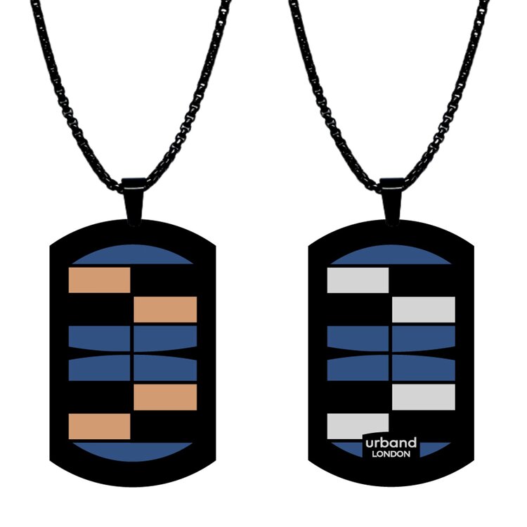 A double-sided 24mm x 40mm stainless steel pendant featuring the Squares Party jazz design in a metallic finish. The artwork is visible on both sides, giving the pendant a distinctive look from every angle. by Urband London