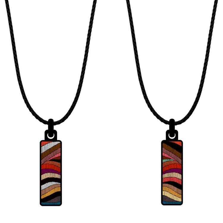 A double-sided 8mm x 24mm rectangular stainless steel pendant featuring the Checkers Orange fire design in a metallic finish. Its slim shape and two-sided artwork give it a contemporary, easy-to-wear character.  by Urband London