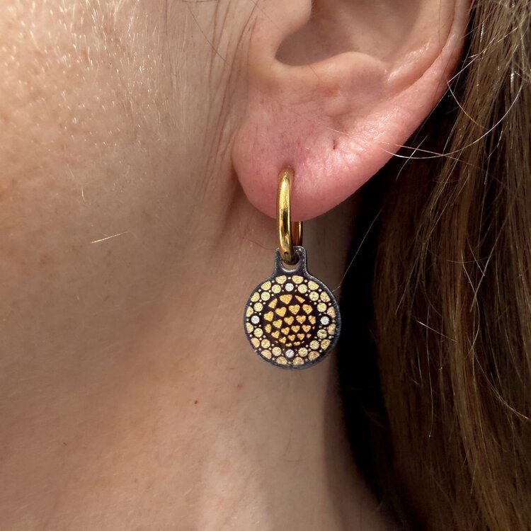 Stainless steel designer double-sided 14mm small round drop earrings on hoops, handmade in London - With Love golden mandala Metallic by Urband London