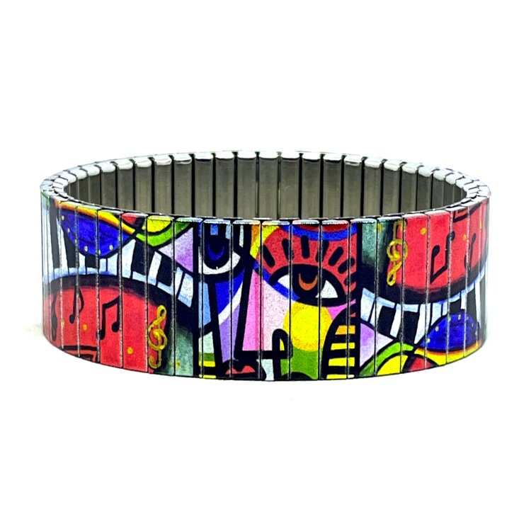 A bold 22mm stainless steel stretch bracelet featuring the Art the pianist design in a metallic finish. The wide profile gives the artwork maximum impact, while the clasp-free construction makes it easy and comfortable to wear. by Urband London