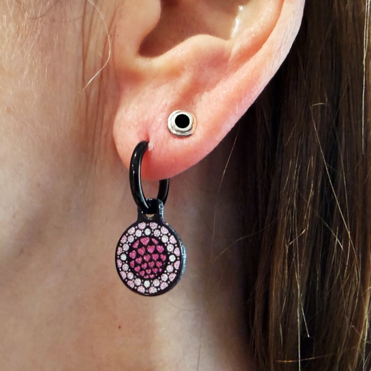 Stainless steel designer double-sided 14mm small round drop earrings on hoops, handmade in London - With Love mandala Metallic by Urband London
