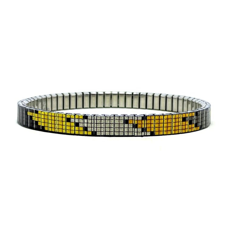 6mm stainless steel stretch bracelet featuring the Soho golden pixels artwork in a metallic finish. Clasp-free, waterproof, scratch-resistant and nickel-free. Handmade in London and supplied in a gift box. by Urband London