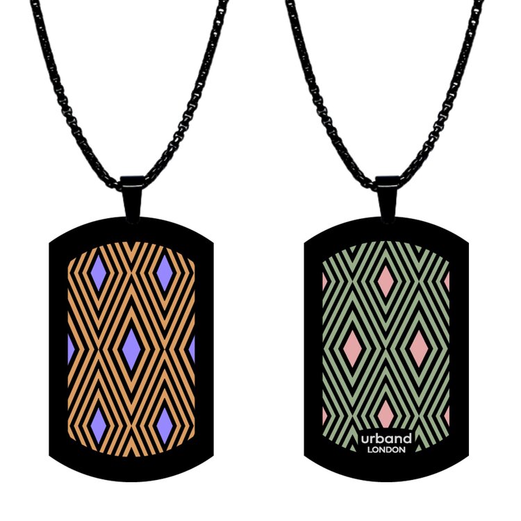 Stainless steel designer double-sided medium size pendant 24mm x 40mm handmade in London - Lisbon Squares earthy Figueira Metallic by Urband London