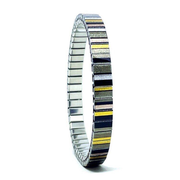 A slim 6mm stainless steel stretch bracelet featuring the Lines Art golden beads design in a metallic finish. The clasp-free construction slips easily over the wrist for comfortable everyday wear. by Urband London