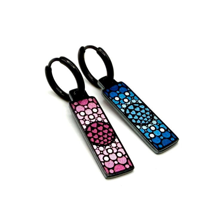 Stainless steel designer double-sided 8mm x 24mm small rectangular drop earrings on hoops, handmade in London - With Love mandala Metallic by Urband London