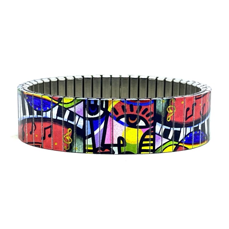 A statement 18mm stainless steel stretch bracelet featuring the Art the pianist design in a metallic finish. The wider profile gives the artwork extra impact, while the clasp-free construction makes it easy and comfortable to wear.  by Urband London