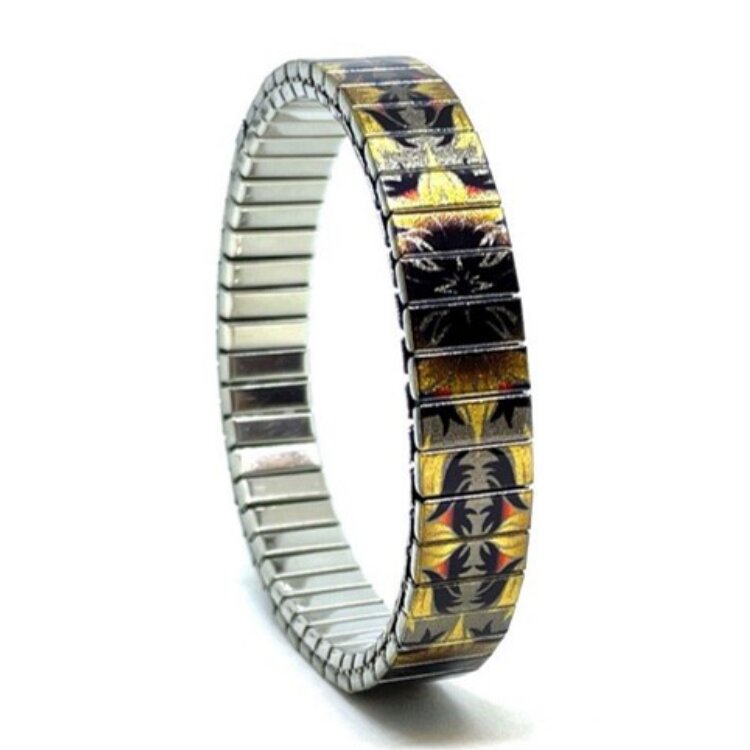 10mm stainless steel stretch bracelet featuring the Flowers Cross earthy obsession artwork in a metallic finish. Clasp-free, waterproof, scratch-resistant and nickel-free. Handmade in London and supplied in a gift box. by Urband London
