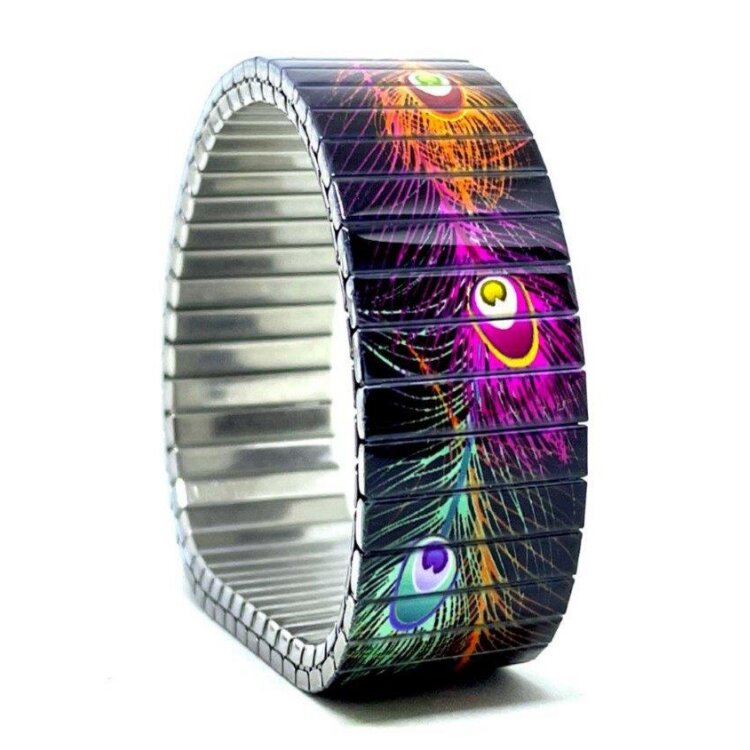 18mm stainless steel stretch bracelet featuring the Peacock feathers neon black artwork in a polished finish. Clasp-free, waterproof, scratch-resistant and nickel-free. Handmade in London and supplied in a gift box. by Urband London