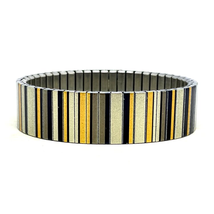 18mm stainless steel stretch bracelet featuring the Lines Art earthy beads artwork in a metallic finish. Clasp-free, waterproof, scratch-resistant and nickel-free. Handmade in London and supplied in a gift box. by Urband London