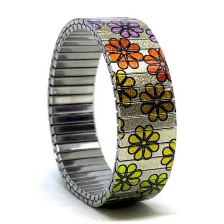 A statement 18mm stainless steel stretch bracelet featuring the Flowers Mandala sunset design in a metallic finish. The wider profile gives the artwork extra impact, while the clasp-free construction makes it easy and comfortable to wear. by Urband London