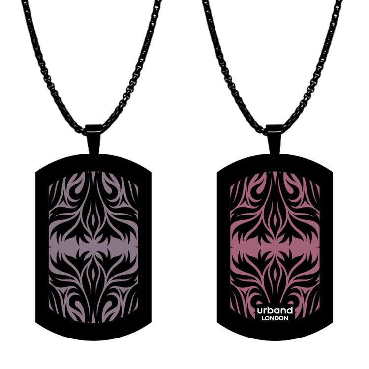 A double-sided 24mm x 40mm stainless steel pendant featuring the Tattoo violets flames design in a metallic finish. The artwork is visible on both sides, giving the pendant a distinctive look from every angle. by Urband London