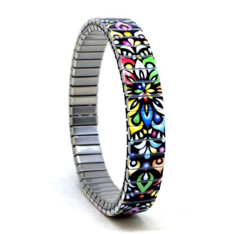 10mm stainless steel stretch bracelet featuring the Flowers Mandala tropical artwork in a polished finish. Clasp-free, waterproof, scratch-resistant and nickel-free. Handmade in London and supplied in a gift box. by Urband London