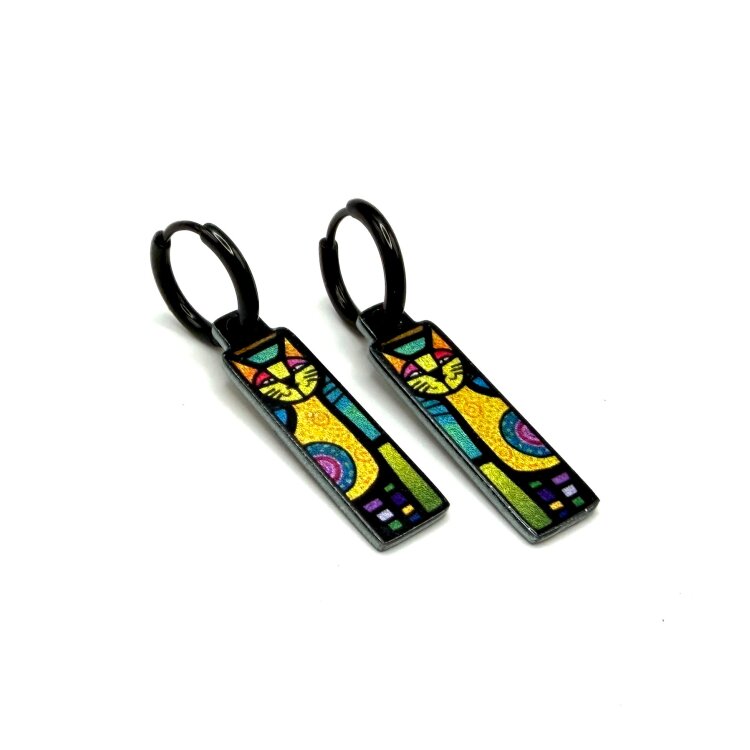 Double-sided 8mm x 24mm rectangular stainless steel drop earrings featuring the Art cats paradise design in a metallic finish. The slim double-sided drops show the artwork from either side and create a clean, contemporary look. by Urband London