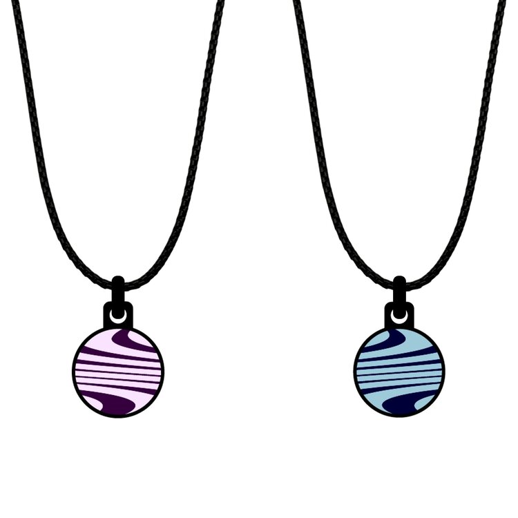 A double-sided 14mm round stainless steel pendant featuring the Waves Lines purple blue design in a metallic finish. The artwork is visible on both sides, giving the pendant a distinctive look from every angle. by Urband London