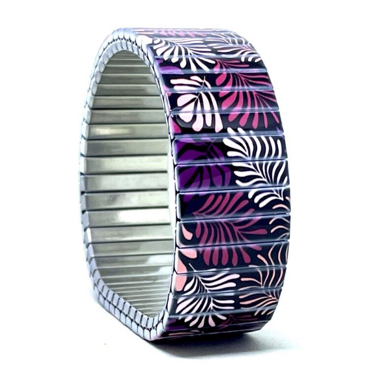 A statement 18mm stainless steel stretch bracelet featuring the Cool Blossom English garden design in a polished finish. The wider profile gives the artwork extra impact, while the clasp-free construction makes it easy and comfortable to wear. by Urband London