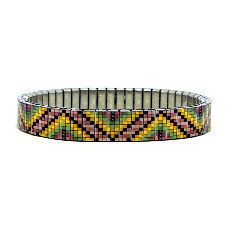10mm stainless steel stretch bracelet featuring the Soho zigzag pixels artwork in a metallic finish. Clasp-free, waterproof, scratch-resistant and nickel-free. Handmade in London and supplied in a gift box. by Urband London