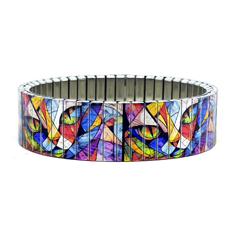 Stainless steel designer bracelet 18mm handmade in London - Art cat face cubism style Metallic by Urband London