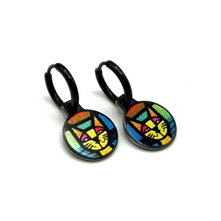 Double-sided 14mm round stainless steel drop earrings featuring the Art cats paradise design in a metallic finish. The artwork appears on both sides of the drops, so the design remains visible as they move. by Urband London
