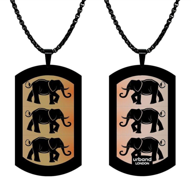 Stainless steel designer double-sided large size pendant 29mm x 50mm handmade in London - Elephants safari sunset Metallic by Urband London