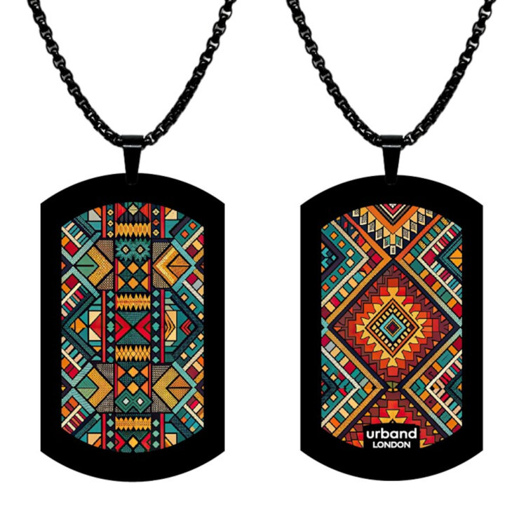 Stainless steel designer double-sided large size pendant 29mm x 50mm handmade in London - Yellowstone Indian Ambience Metallic by Urband London