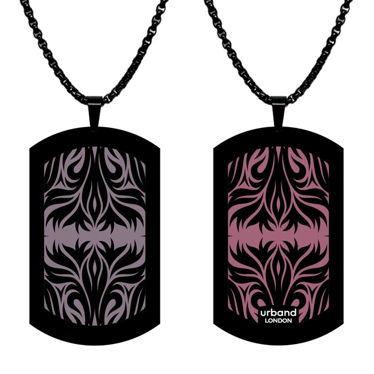 A double-sided 29mm x 50mm stainless steel pendant featuring the Tattoo violets flames design in a metallic finish. The larger format gives the two-sided artwork strong visual impact from every angle.  by Urband London