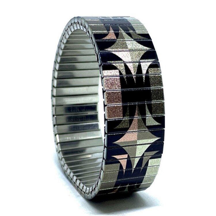 18mm stainless steel stretch bracelet featuring the Circles Mandala earhty kaleidoscope artwork in a metallic finish. Clasp-free, waterproof, scratch-resistant and nickel-free. Handmade in London and supplied in a gift box. by Urband London