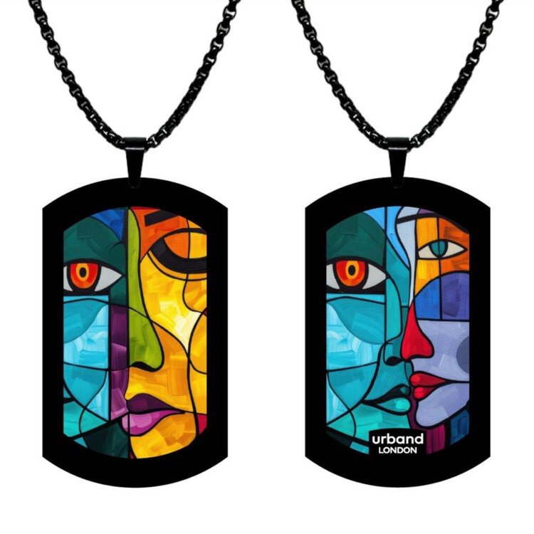 Stainless steel designer double-sided large size pendant 29mm x 50mm handmade in London - Art cubism Metallic by Urband London
