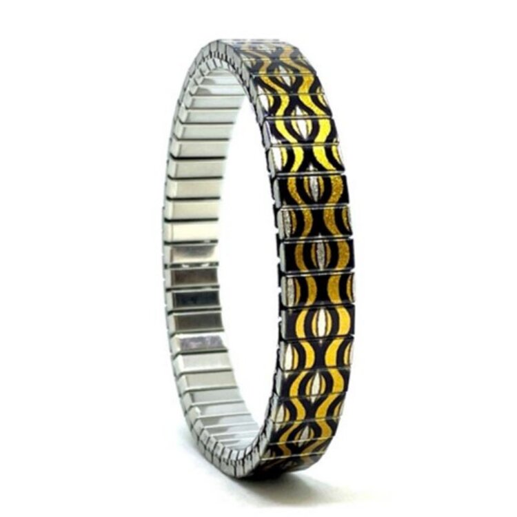10mm stainless steel stretch bracelet featuring the Eyes gold silver artwork in a metallic finish. Clasp-free, waterproof, scratch-resistant and nickel-free. Handmade in London and supplied in a gift box. by Urband London