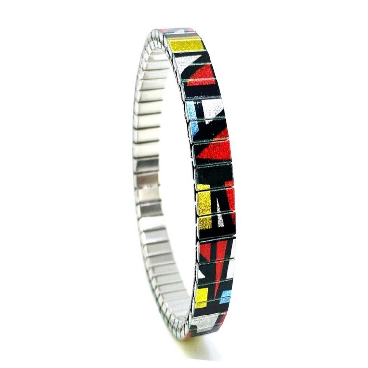 6mm stainless steel stretch bracelet featuring the Checkers Maze Mondrian artwork in a polished finish. Clasp-free, waterproof, scratch-resistant and nickel-free. Handmade in London and supplied in a gift box. by Urband London