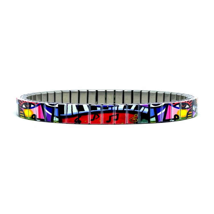 A slim 6mm stainless steel stretch bracelet featuring the Art the pianist design in a metallic finish. The clasp-free construction slips easily over the wrist for comfortable everyday wear. by Urband London