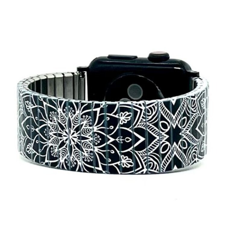 Stainless steel designer bracelet for smart watch handmade in London - Mandala Daisies black fire by Urband London