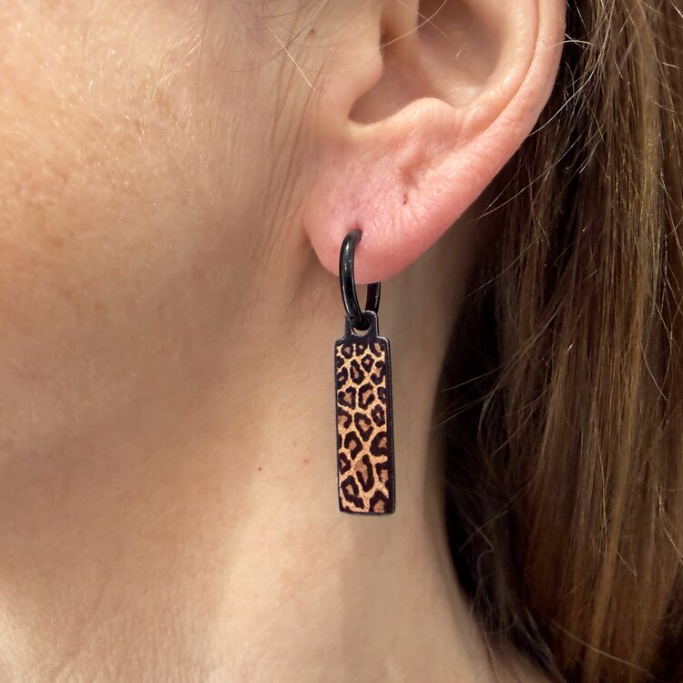 Stainless steel designer double-sided 8mm x 24mm small rectangular drop earrings on hoops, handmade in London - Spots tiger vintage copper champagne Metallic by Urband London