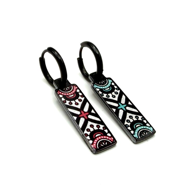 Double-sided 8mm x 24mm rectangular stainless steel drop earrings featuring the Mandala Daisies deep ocean blue and pink bubbles design in a metallic finish. The slim double-sided drops show the artwork from either side and create a clean, contemporary look. by Urband London