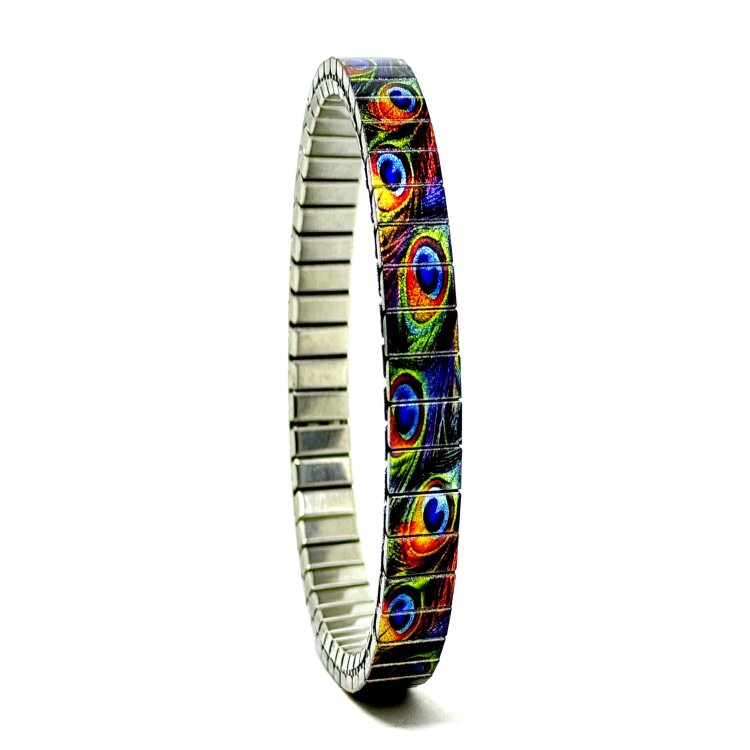 A slim 6mm stainless steel stretch bracelet featuring the Peacock colourful feathers design in a metallic finish. The clasp-free construction slips easily over the wrist for comfortable everyday wear.  by Urband London