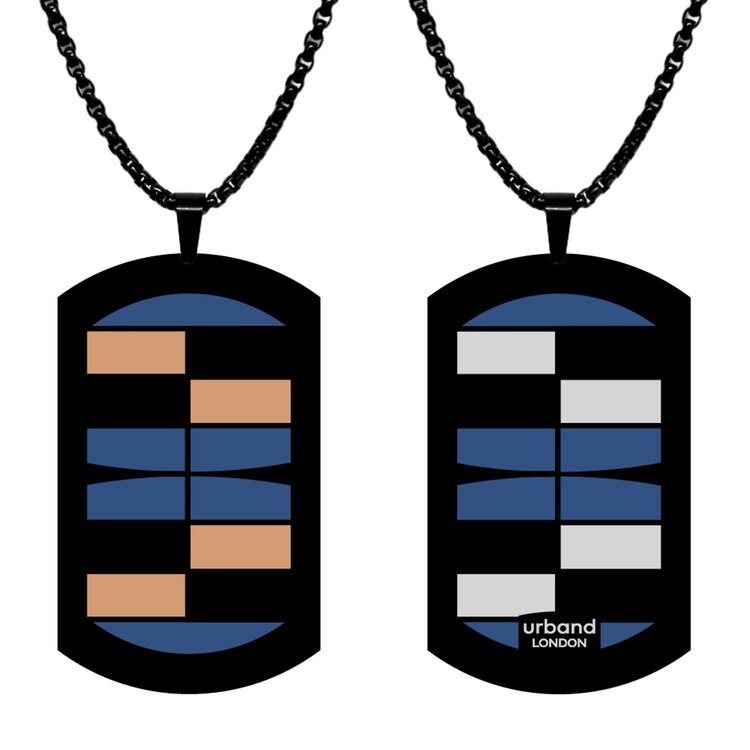 A double-sided 29mm x 50mm stainless steel pendant featuring the Squares Party jazz design in a metallic finish. The larger format gives the two-sided artwork strong visual impact from every angle. by Urband London