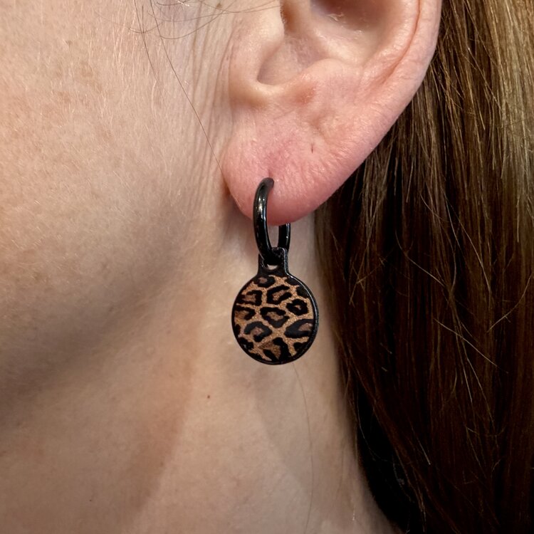 Stainless steel designer double-sided 14mm small round drop earrings on hoops, handmade in London - Spots tiger vintage copper champagne Metallic by Urband London