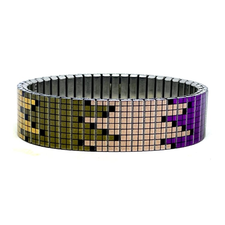 A statement 18mm stainless steel stretch bracelet featuring the Soho cool pixels design in a metallic finish. The wider profile gives the artwork extra impact, while the clasp-free construction makes it easy and comfortable to wear. by Urband London