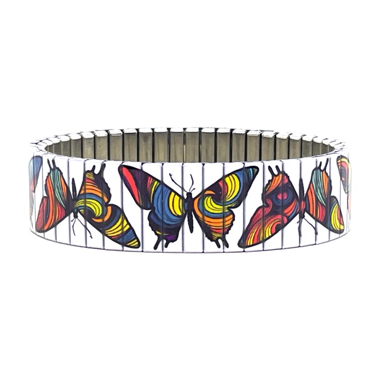 18mm stainless steel stretch bracelet featuring the Art magical butterflies artwork in a polished finish. Clasp-free, waterproof, scratch-resistant and nickel-free. Handmade in London and supplied in a gift box. by Urband London