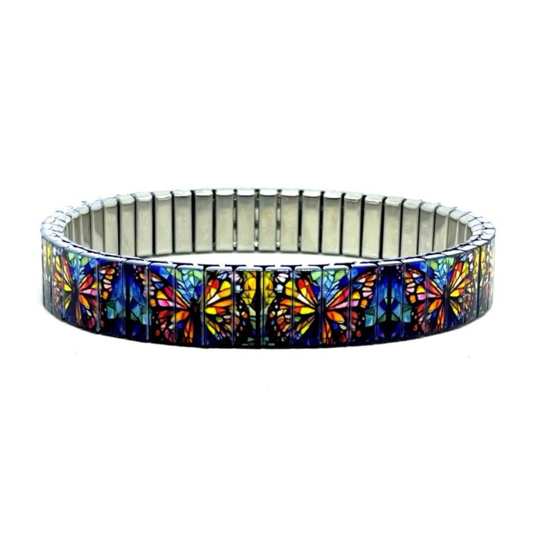 10mm stainless steel stretch bracelet featuring the Art butterflies artwork in a polished finish. Clasp-free, waterproof, scratch-resistant and nickel-free. Handmade in London and supplied in a gift box. by Urband London