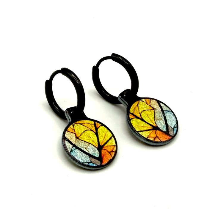 Stainless steel designer double-sided 14mm small round drop earrings on hoops, handmade in London - Cool Blossom sunrise and sunset in the forest Metallic by Urband London