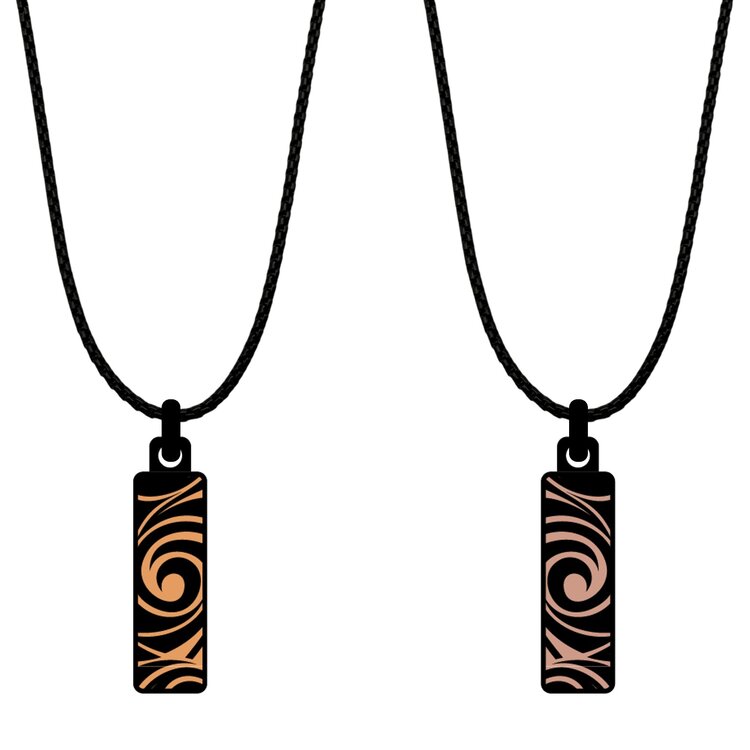 A double-sided 8mm x 24mm rectangular stainless steel pendant featuring the Tattoo golden waves design in a metallic finish. Its slim shape and two-sided artwork give it a contemporary, easy-to-wear character.  by Urband London