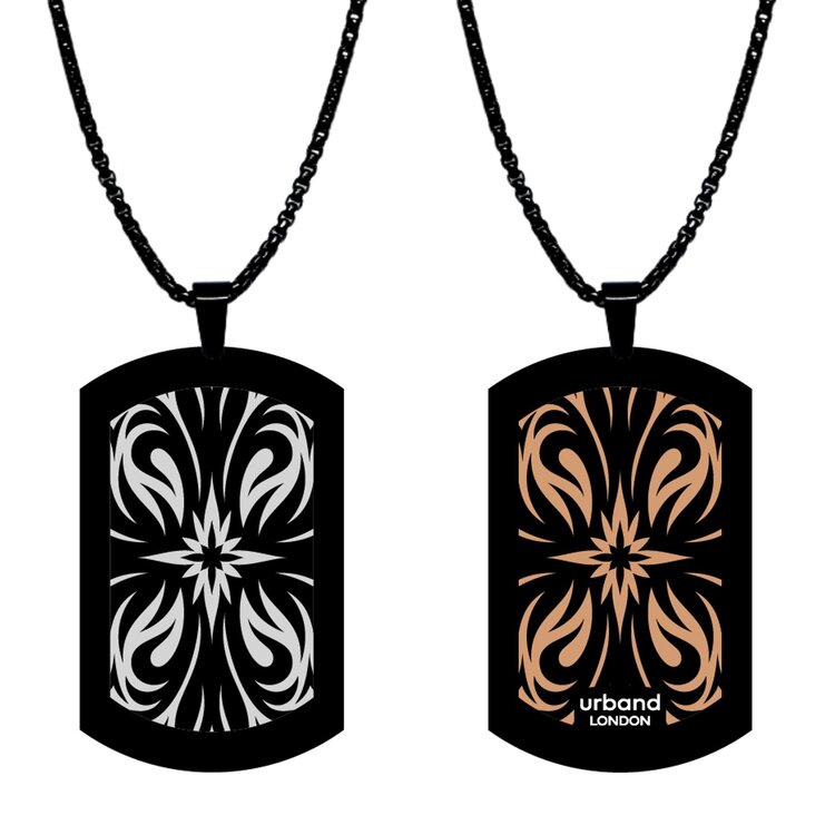 Stainless steel designer double-sided medium size pendant 24mm x 40mm handmade in London - Tattoo rose flowers Metallic by Urband London