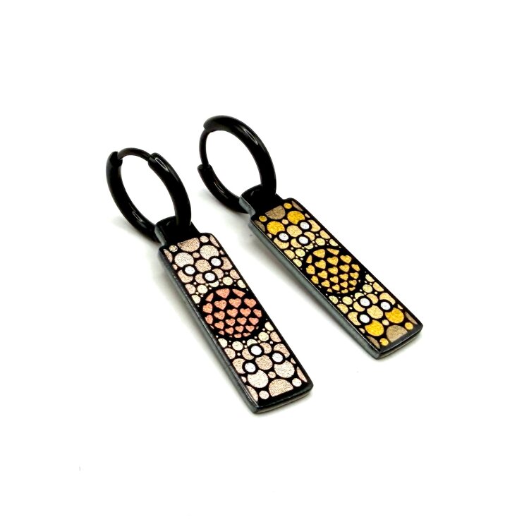 Stainless steel designer double-sided 8mm x 24mm small rectangular drop earrings on hoops, handmade in London - With Love golden mandala Metallic by Urband London