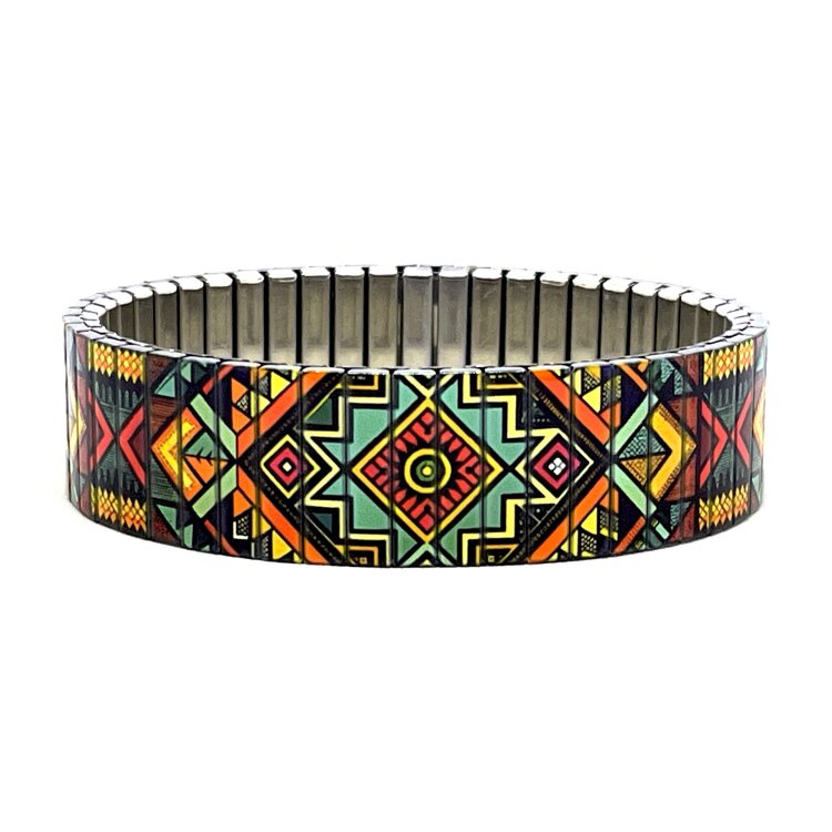 A statement 18mm stainless steel stretch bracelet featuring the Texas Ambience design in a polished finish. The wider profile gives the artwork extra impact, while the clasp-free construction makes it easy and comfortable to wear. by Urband London