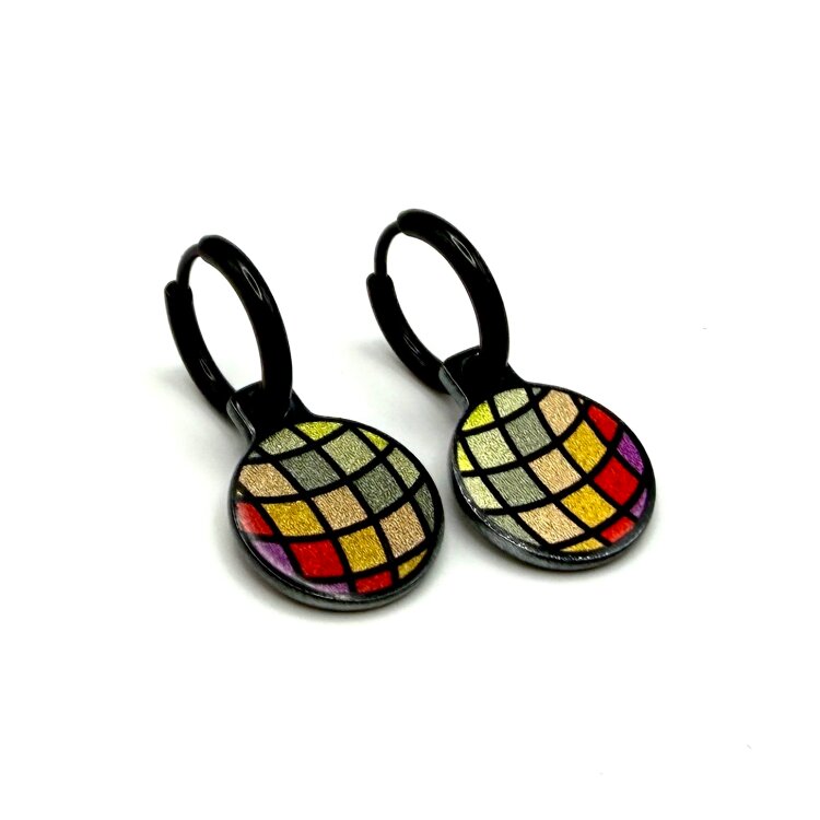 Double-sided 14mm round stainless steel drop earrings featuring the Waves Mosaic Positano design in a metallic finish. The artwork appears on both sides of the drops, so the design remains visible as they move. by Urband London